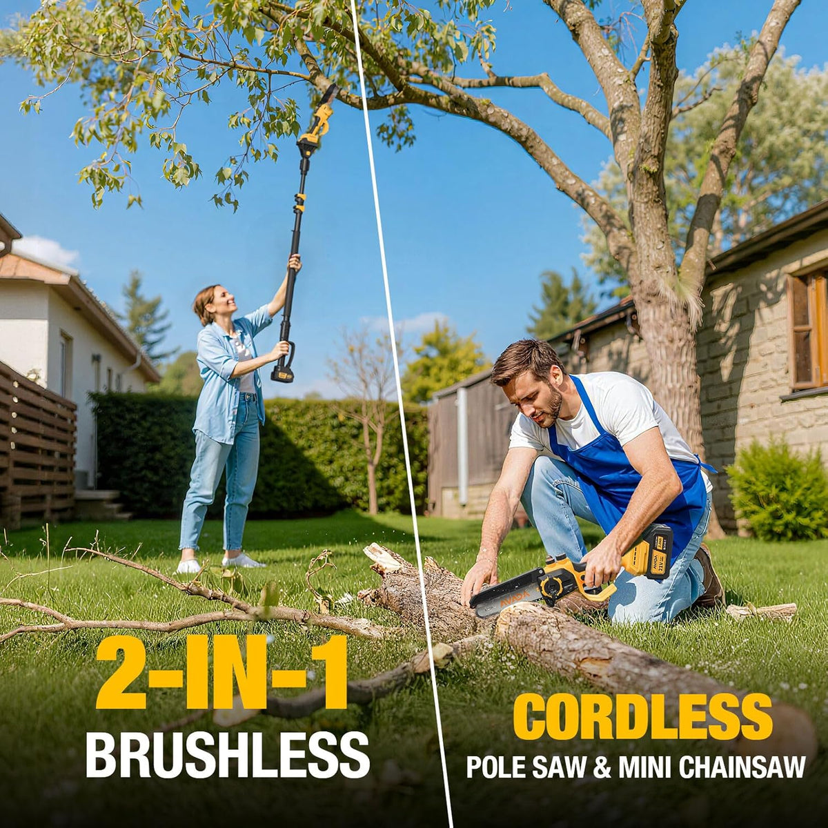AVADA 2-in-1 Electric Pole Saw With 6 Inch Brushless Mini Chainsaw, 2 x 3000mAh Batteries, 15.7FT Reach