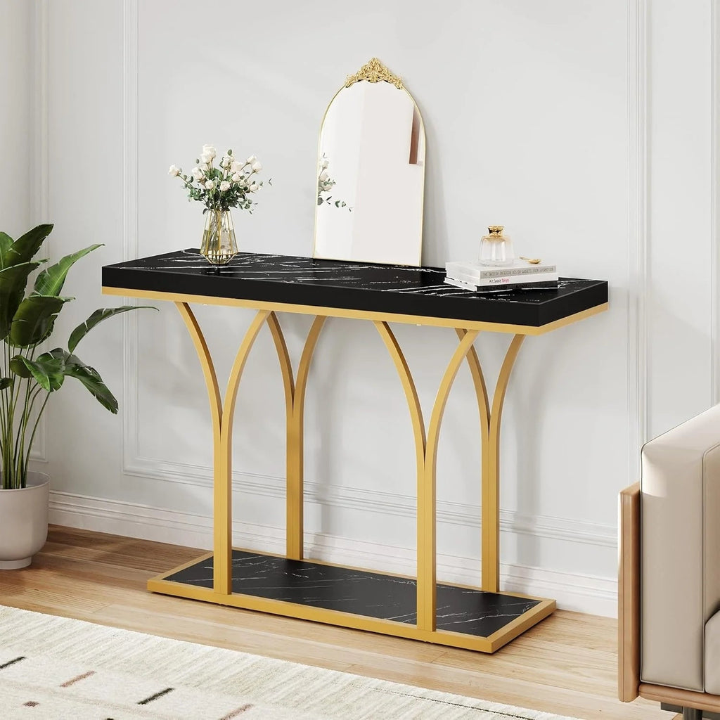 Console Table With Faux Marble MDF Top And Gold Metal Frame