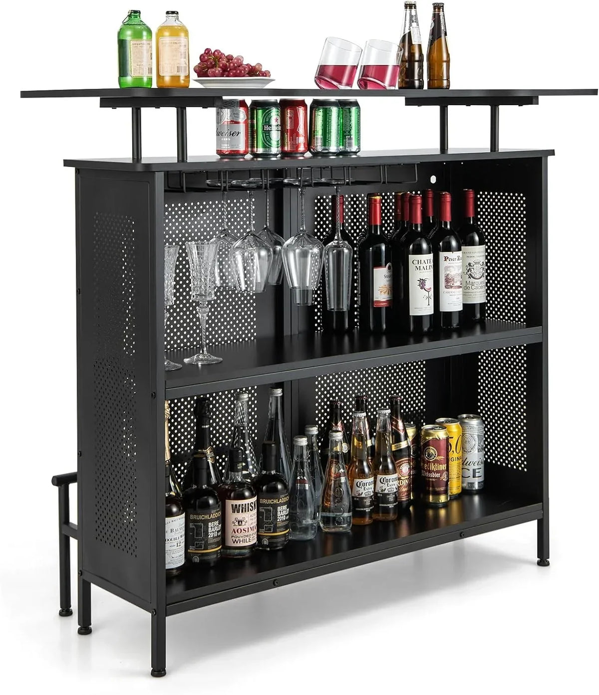 FJU 4-Tier Home Bar Cabinet With 2 Wine Storage Shelves, 6 Stemware Holders, Metal Front And Footrest, Black - 48 x 20 x 42 in