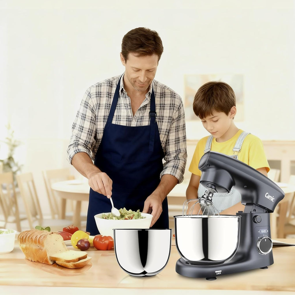 Camic Stand Mixer, 4.2QT + 5.3QT Stainless Steel Bowls, 10 Speeds - Grey