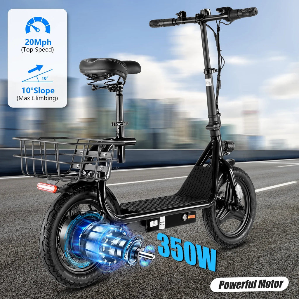 SANOPY Electric Scooter With Seat for Adults, 350W, 15 Miles, 20 Mph, 36V 5.2Ah, 14 inch Tire - Black