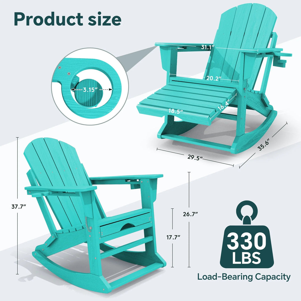 KINGYES Folding Adirondack Rocker Chair Set Of 2 With Footrest And Dual Cup Holders - Black