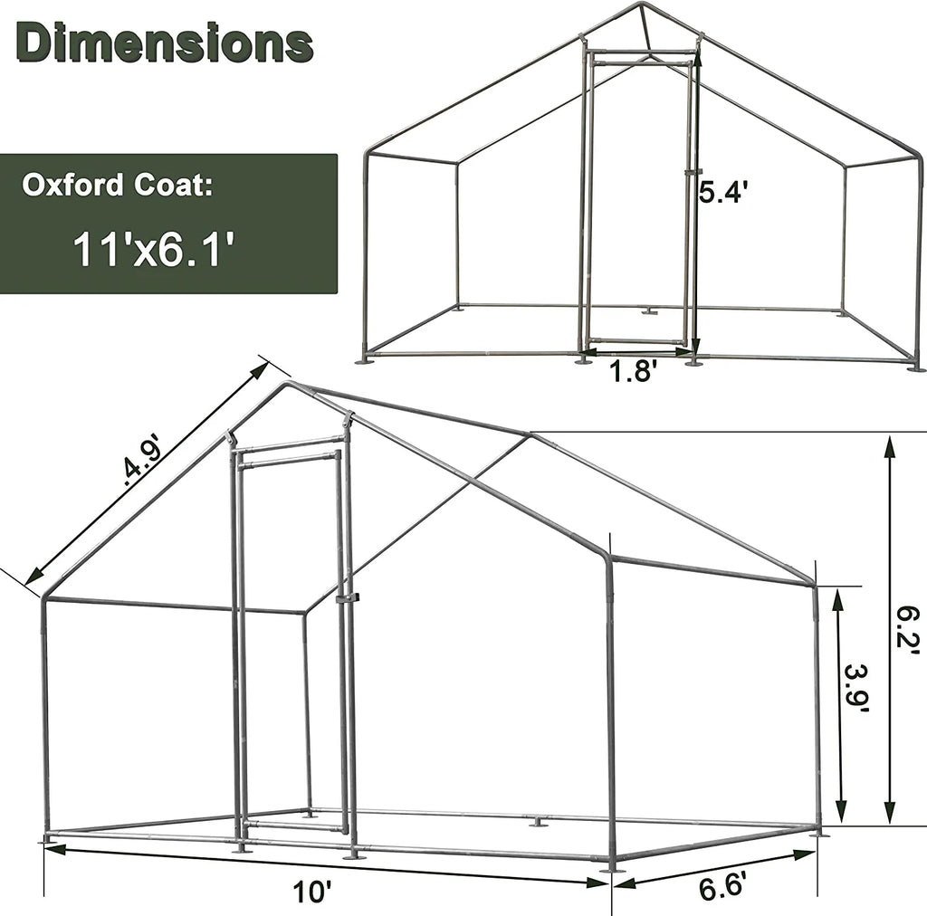 Metal Walk-In Chicken Run Cage With Cover, 10'L X 6.6'W X 6.56'H