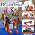 Garage Sports Equipment Storage Organizer, Steel, 36.2in x 16.5in x 44.3in - 2 Bins, 1 Basket, 1 Ball Rack