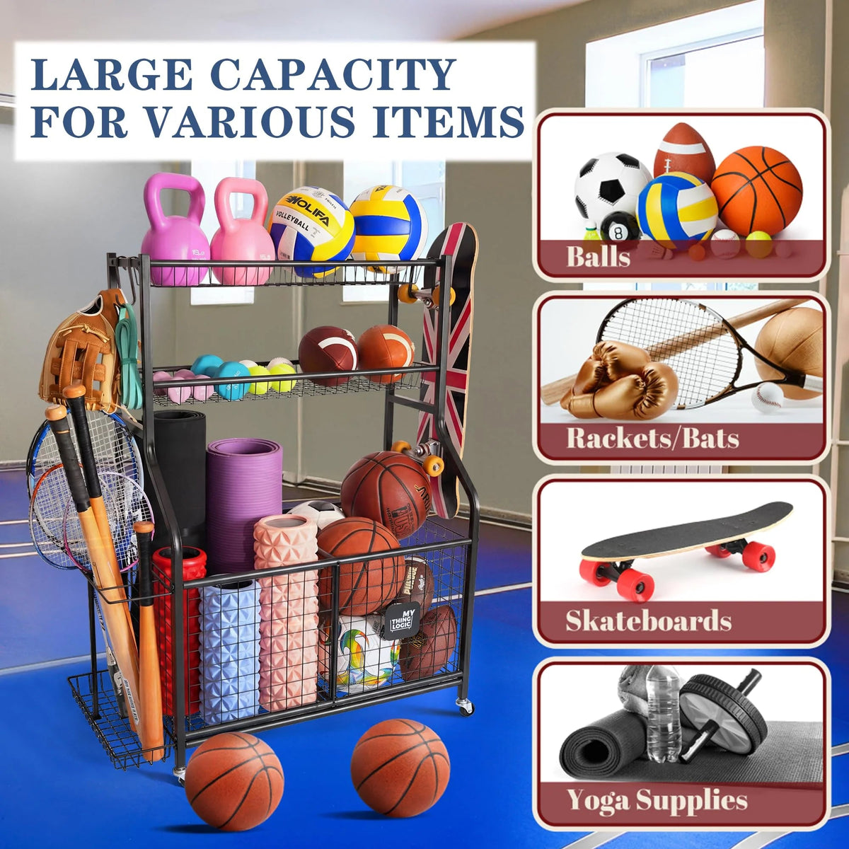 Garage Sports Equipment Storage Organizer, Steel, 36.2in x 16.5in x 44.3in - 2 Bins, 1 Basket, 1 Ball Rack