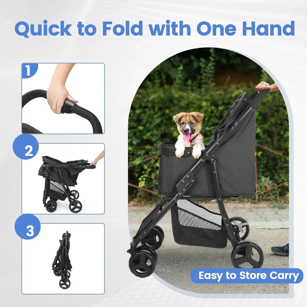 Wedyvko 4 Wheel Foldable Pet Stroller With Storage Basket For Small Medium Dogs & Cats - Black