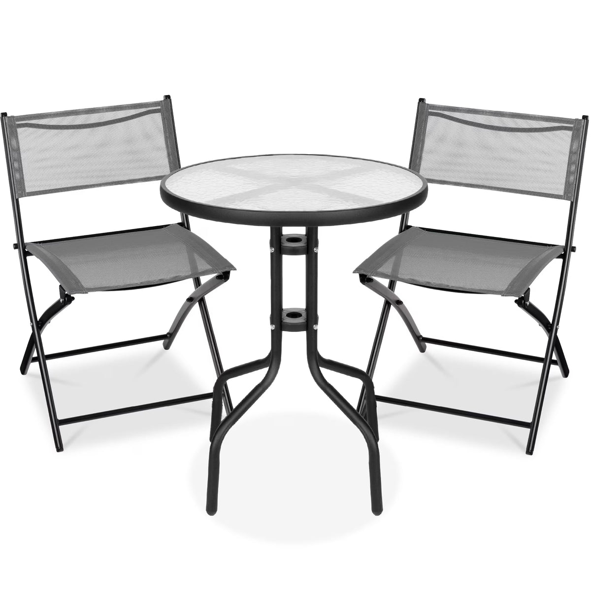 Best Choice Products 3-Piece Patio Bistro Dining Set With Glass Tabletop And Folding Chairs - Gray