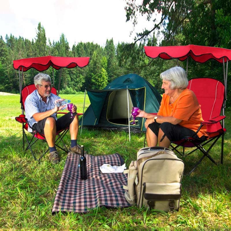 Outdoor Canopy Folding Beach Chair With 2 Cup Holders, 600D PVC Fabric - 38in x 26.5in x 51in