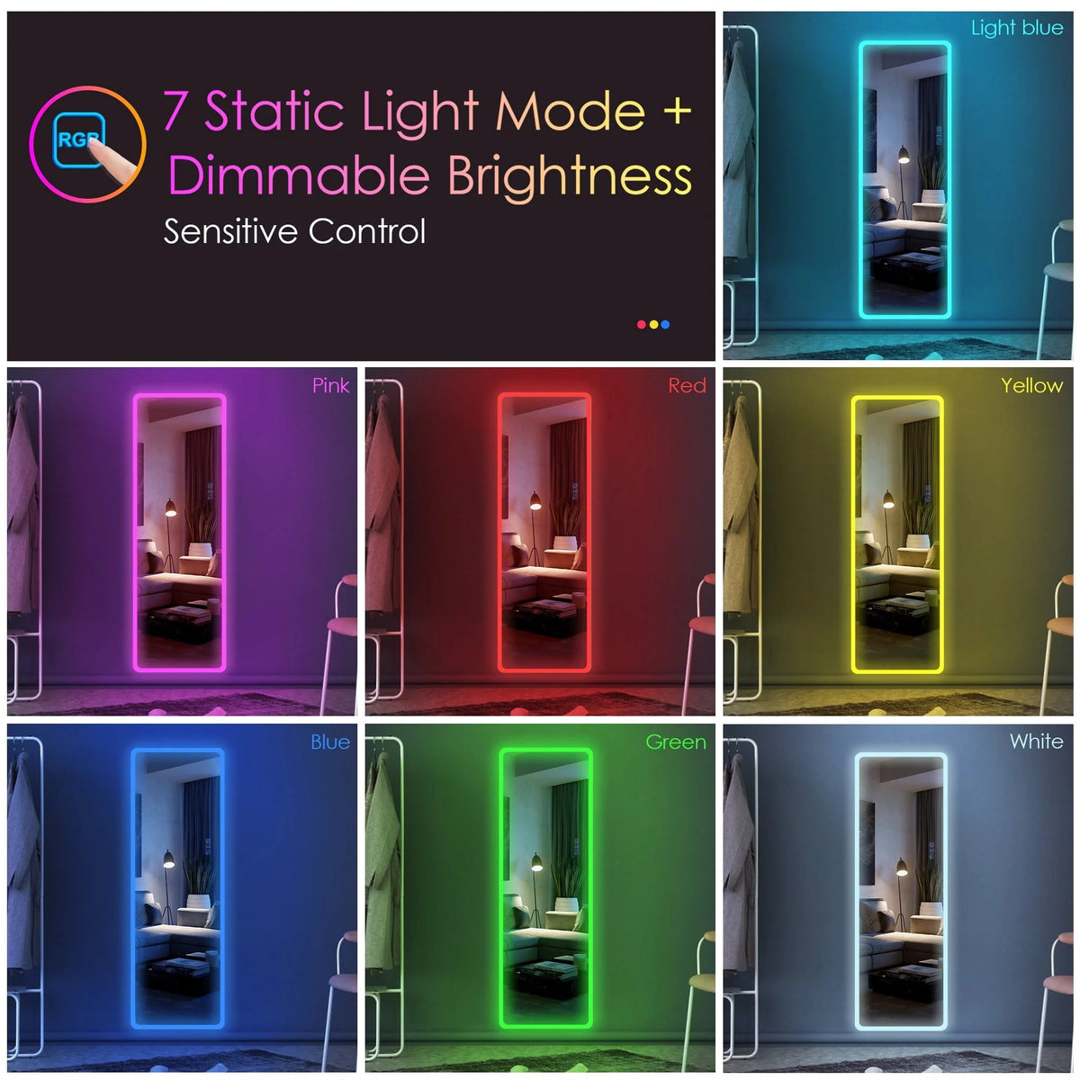 LVSOMT Full Length Mirror With Lights, 47 x 16 in, RGB Color Changing, 14 LED