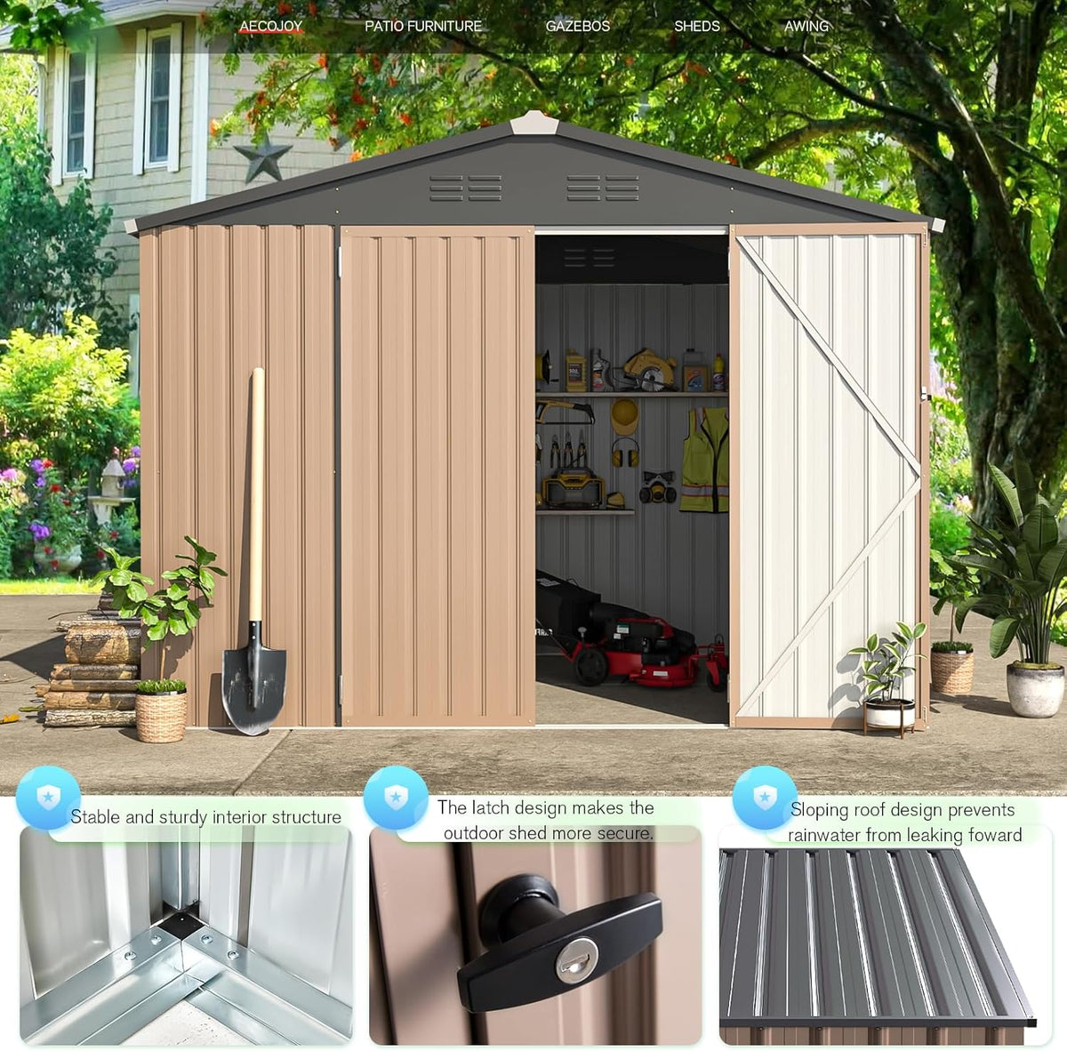 AECOJOY Metal Outdoor Storage Shed 8 ft x 6 ft - Lockable Doors