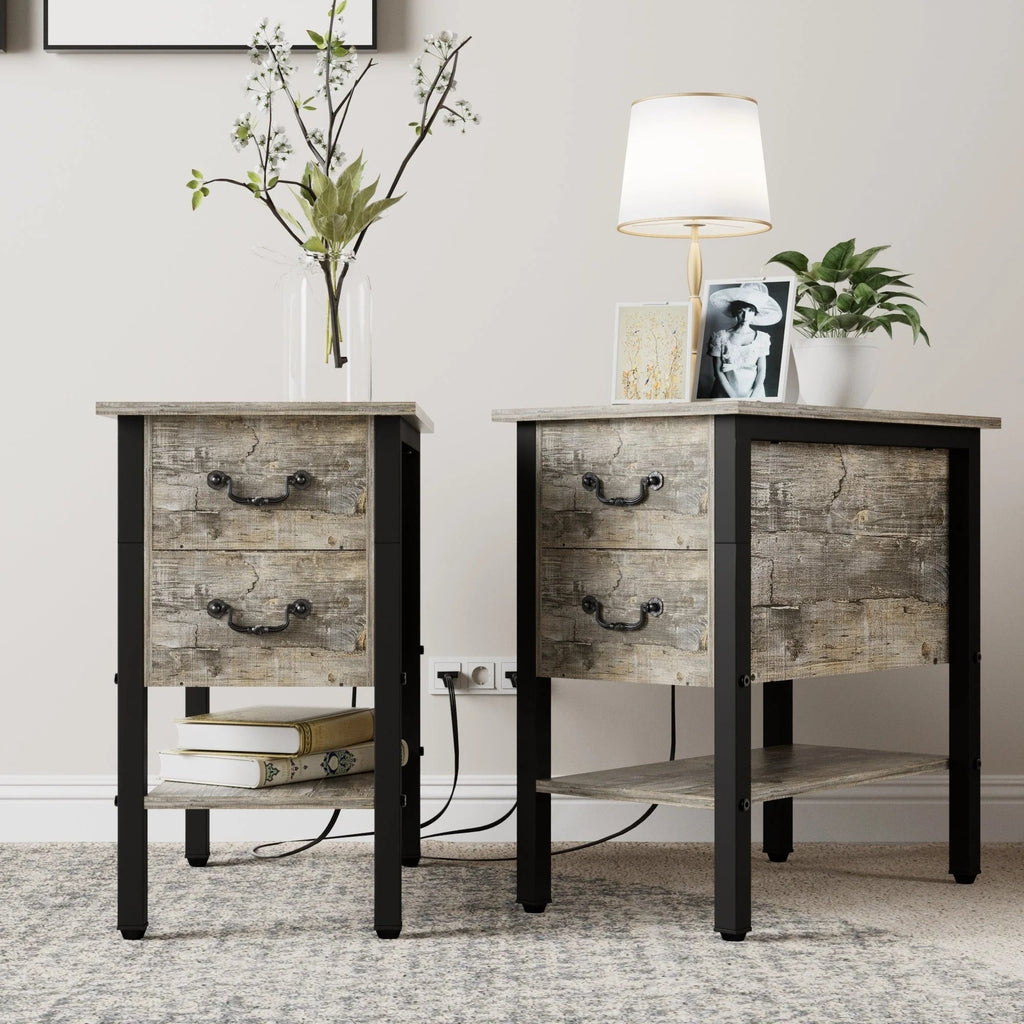 Narrow End Table With Charging Station, 2 Drawers, 19.6 in L x 11.8 in W x 23.6 in H, Gray/Black - 1-pcs / 2-pcs
