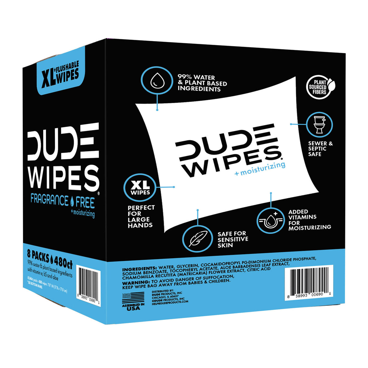 DUDE Flushable Wipes, Fragrance-Free, Moisturizing, XL, 480 Wipes
