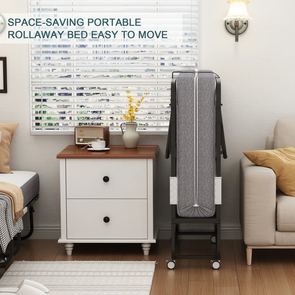 Folding Rollaway Guest Bed With 75in x 31in Cot Mattress And 5in Memory Foam