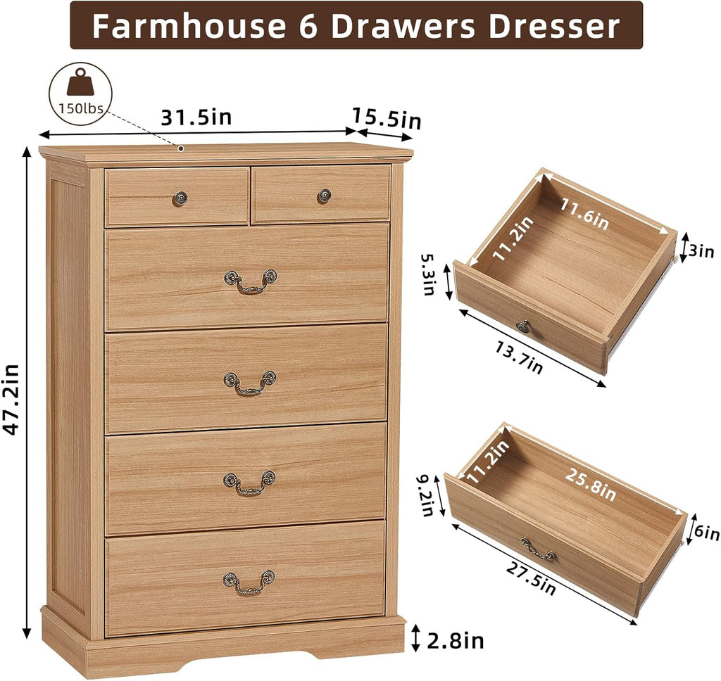 Farmhouse 6-Drawer Wood Dresser, Natural, 31.5 x 15.5 x 47 Inch