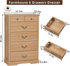 Farmhouse 6-Drawer Wood Dresser, Natural, 31.5 x 15.5 x 47 Inch