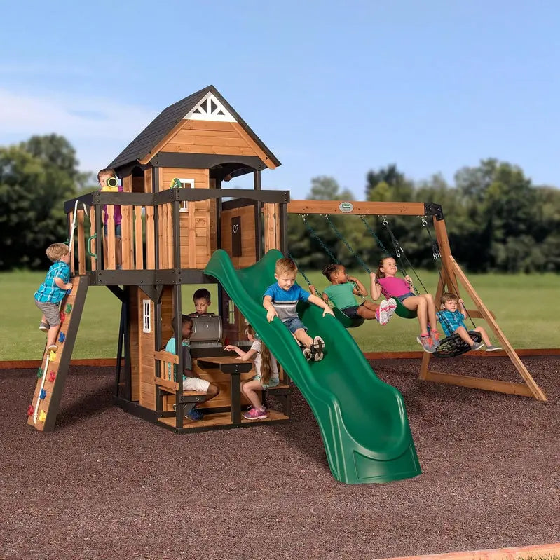 Backyard Discovery Canyon Creek Cedar Wood Swing Set With Wave Slide, Clubhouse, Play Kitchen, 183 x 188 x 119 Inches