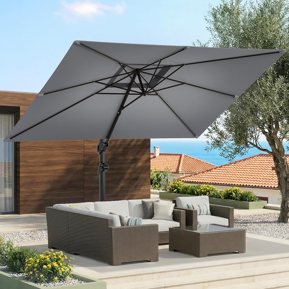 HOMSHADE Cantilever Patio Umbrella, 9x12FT, Grey, Aluminum, 360 Degree Rotation, 6 Tilts