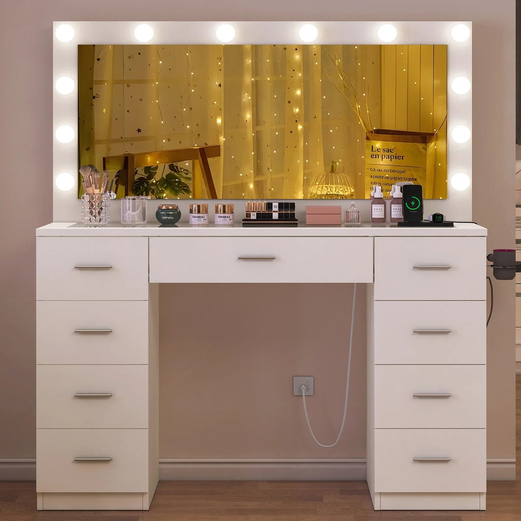 TEENFON Vanity Desk With Large Lighted Mirror, 46 in, 9 Drawers, Glass Desktop, White