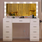 TEENFON Vanity Desk With Large Lighted Mirror, 46 in, 9 Drawers, Glass Desktop, White
