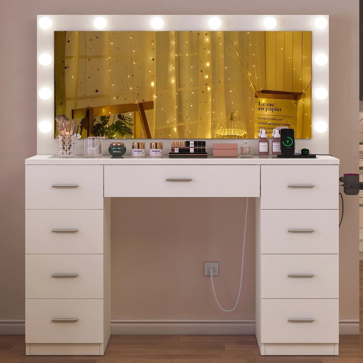 TEENFON Vanity Desk With Large Lighted Mirror, 46 in, 9 Drawers, Glass Desktop, White