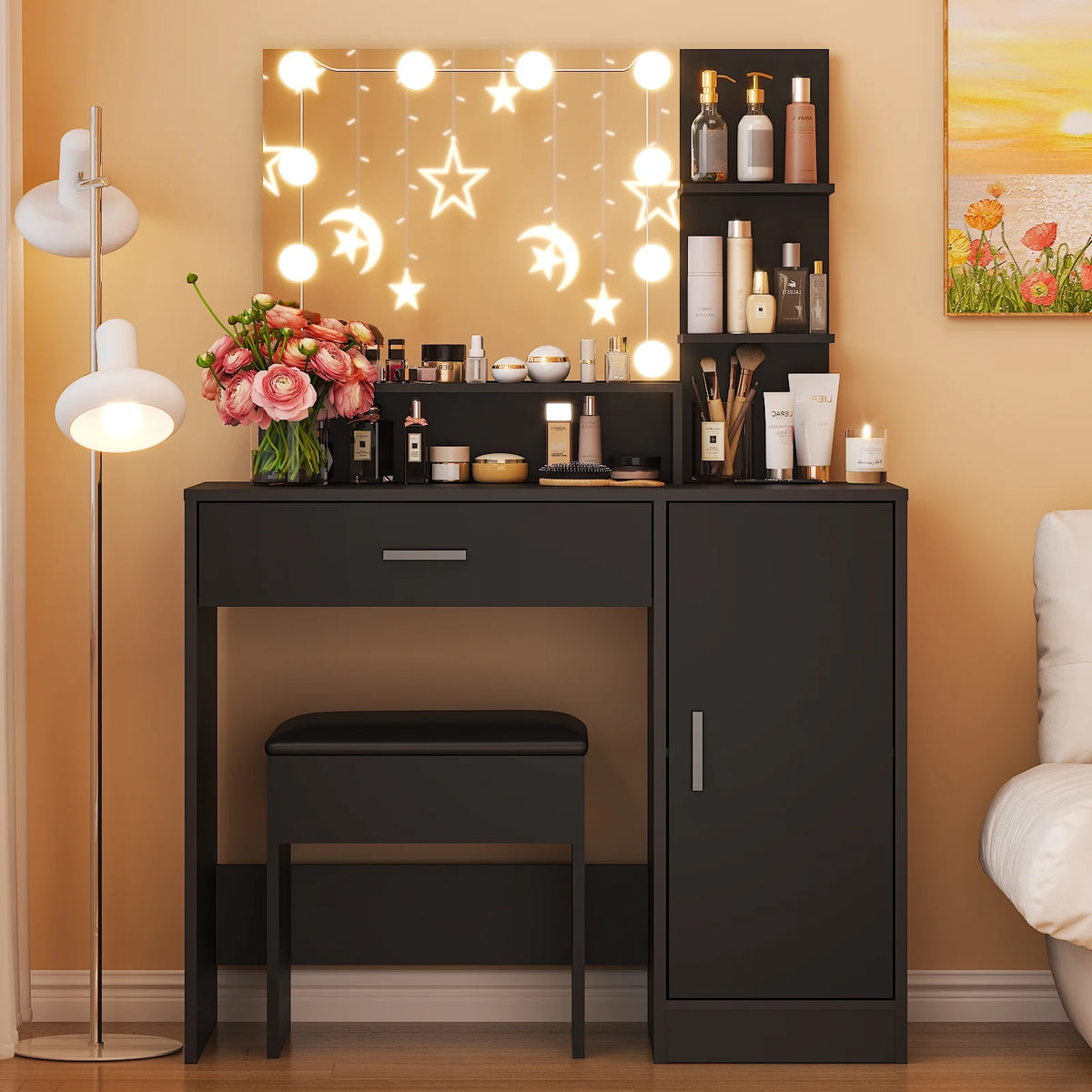 Ktaxon Vanity Makeup Table With Stool, 3-Color Lighted Mirror, 3 Shelves, Drawers, White - 35.43 x 15.55 x 29.53-53.27 in