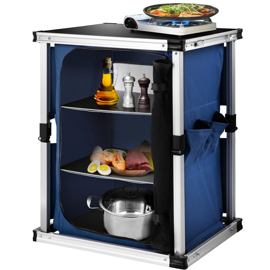 Camping Kitchen Station Aluminum Folding Cook Table, 24.81 x 3.94 x 20.87 Inches, 3-Tier Storage - Blue