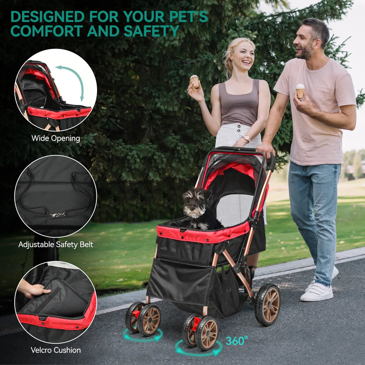 Dextrus 4-Wheel Foldable Pet Stroller With 7-inch Front And 10-inch Rear Wheels, 48.5 lbs Capacity