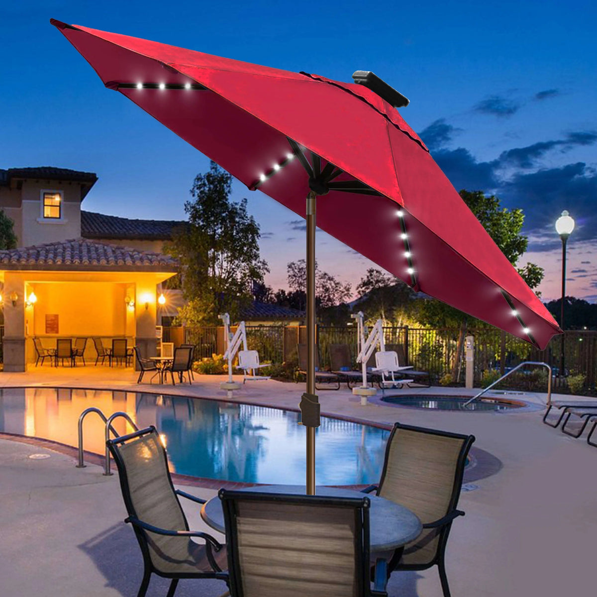 EliteShade 9ft Market Patio Umbrella With 80 LED Lights, Ruby