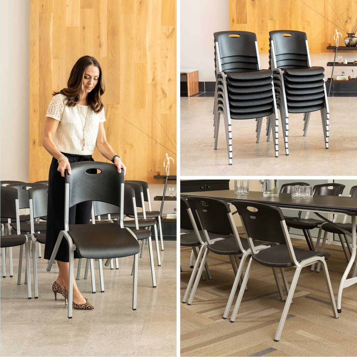 Lifetime Steel-Framed Indoor/Outdoor Commercial Grade Stacking Chairs, Black & Silver, Set Of 14 - 80569