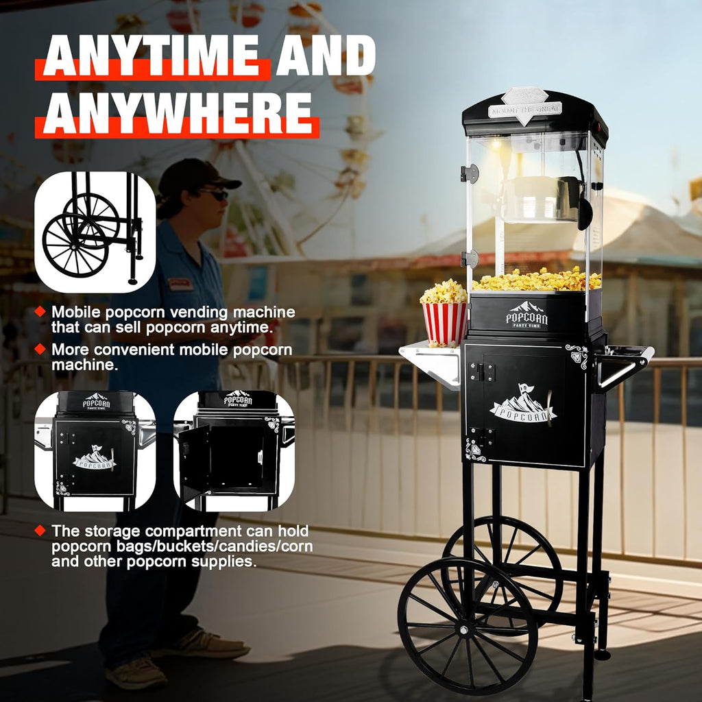 RENDGO Popcorn Maker Machine With Cart, 10 Oz Kettle, 60 Cups, Black