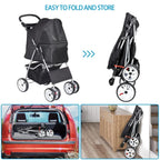 Foldable Cat/Dog Pet Stroller With 4 Wheel, Storage Basket, Cup Holder - Black