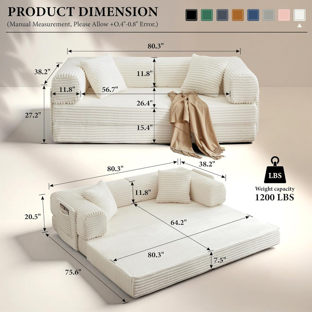 Boneless Folding Futon Sofa Bed, Fixed-Shape Corduroy Upholstered, White, 81 Inches