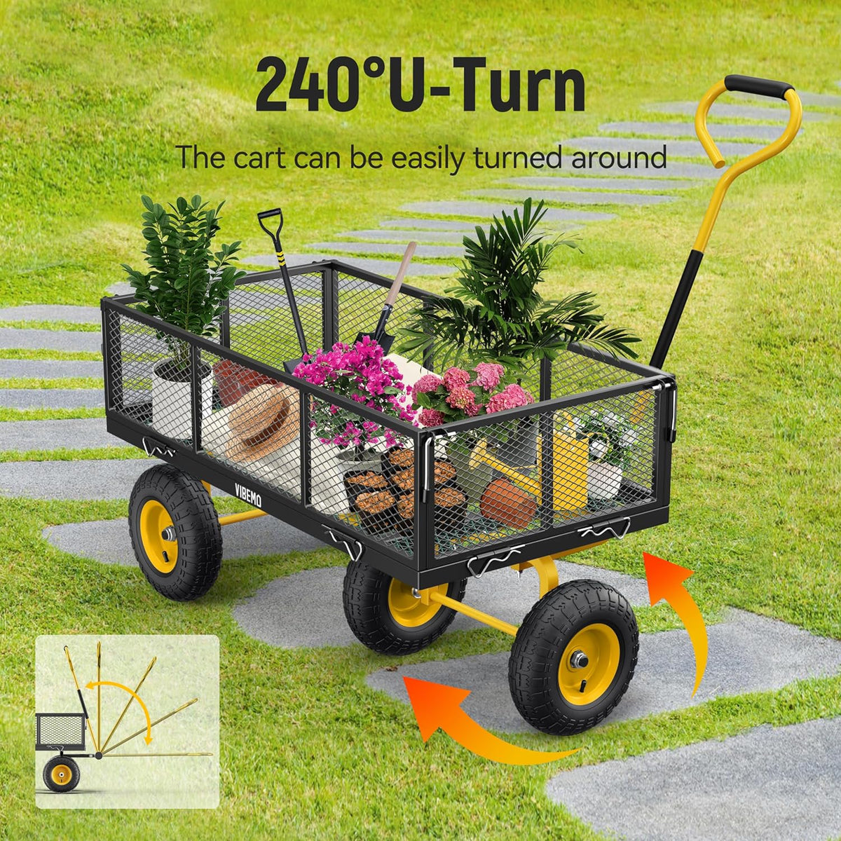 Vibemo Steel Garden Cart 2-in-1, 1400 lbs, 13 in Pneumatic Tires, Black - VB-GC02