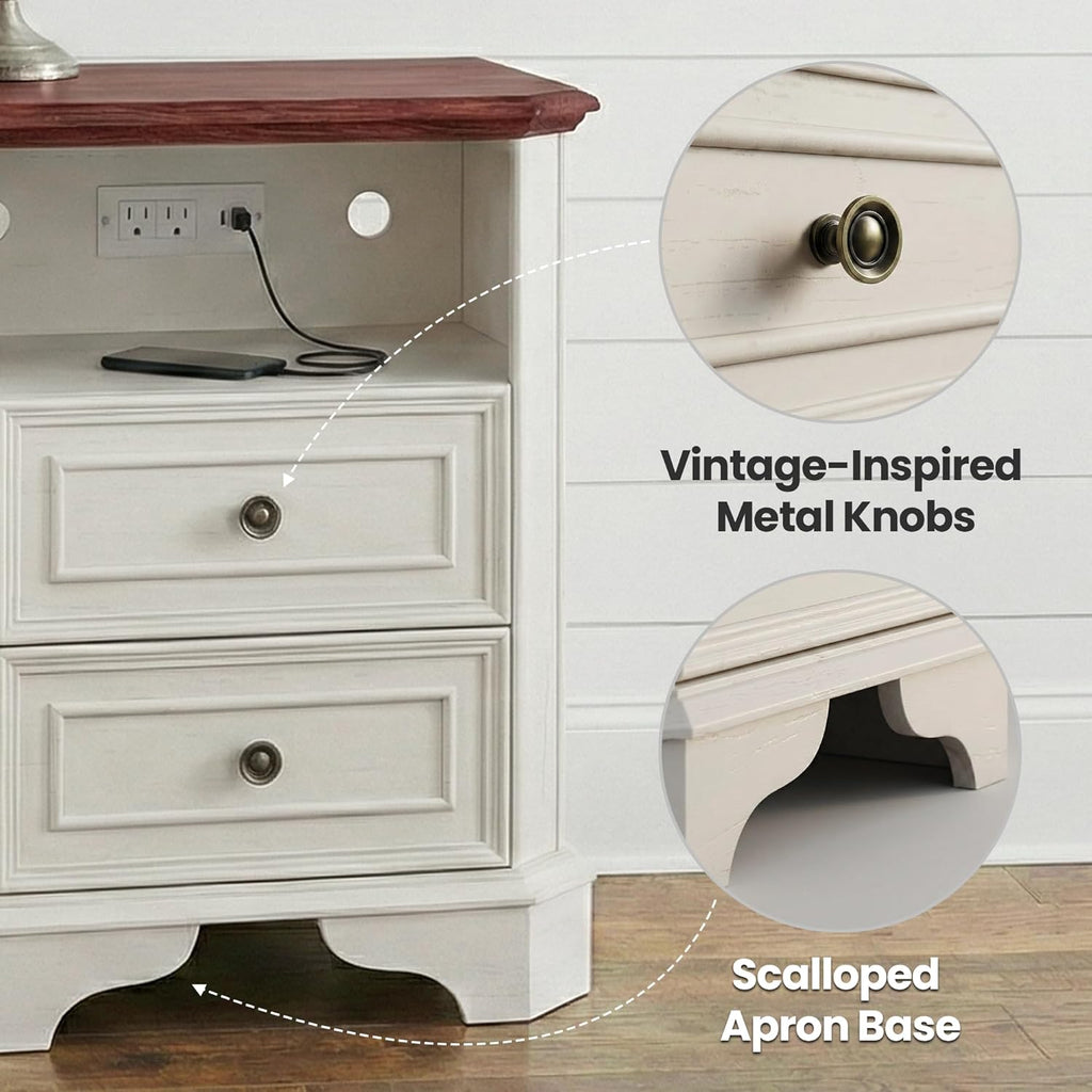 24in White Nightstands With Charging Station, 2 Drawers And Open Shelf - Set Of 2