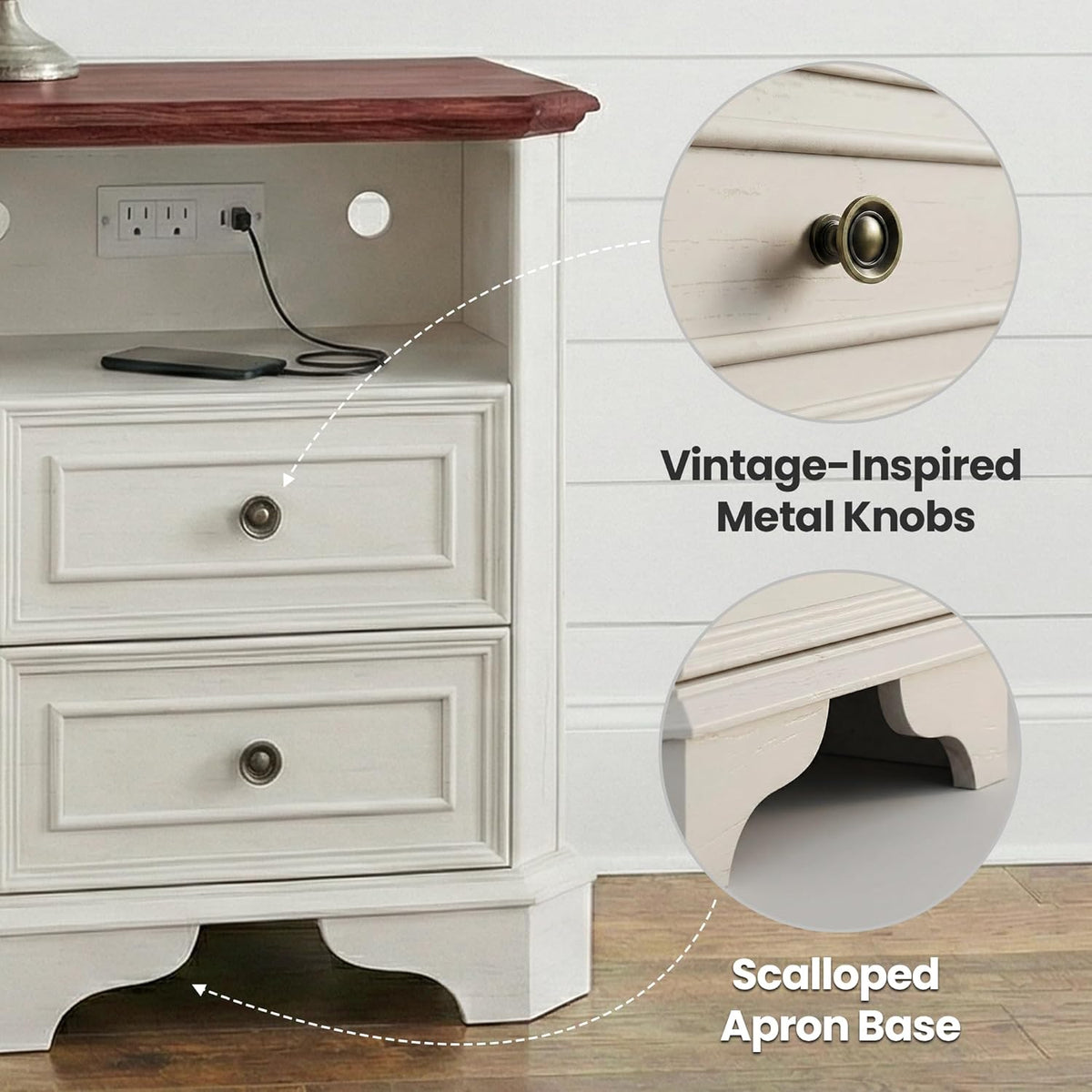 24in White Nightstands With Charging Station, 2 Drawers And Open Shelf - Set Of 2