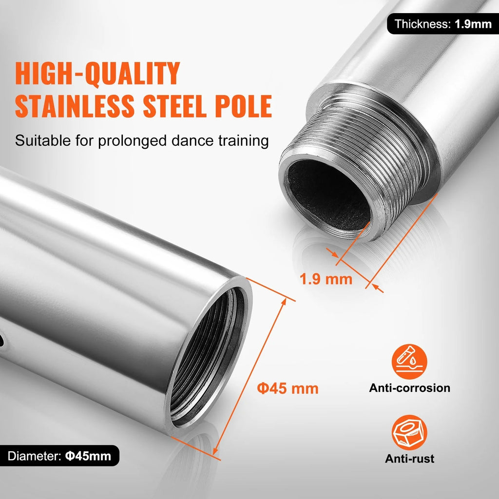 KFFKFF Dance Pole Set, 45mm Stainless Steel, Silver - HM-590S