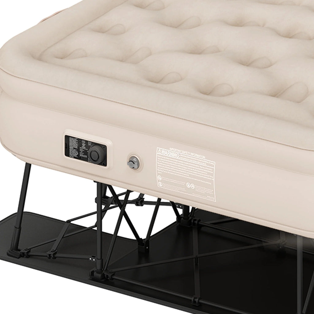 Dextrus Inflatable Queen Air Mattress With Built-In Pump, Steel Frame, Velvet Surface, Khaki