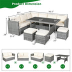 7-Piece Rattan Patio Dining Set With 3 Corner Chairs, 3 Ottomans And Table