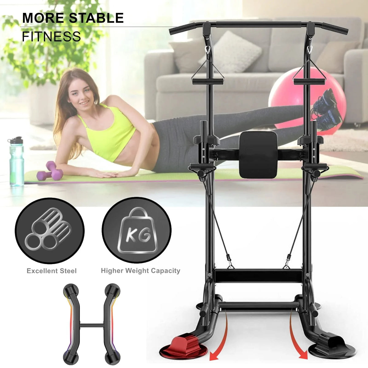PROHIKER Power Tower Dip Station With Backrest And Resistance Band, Black