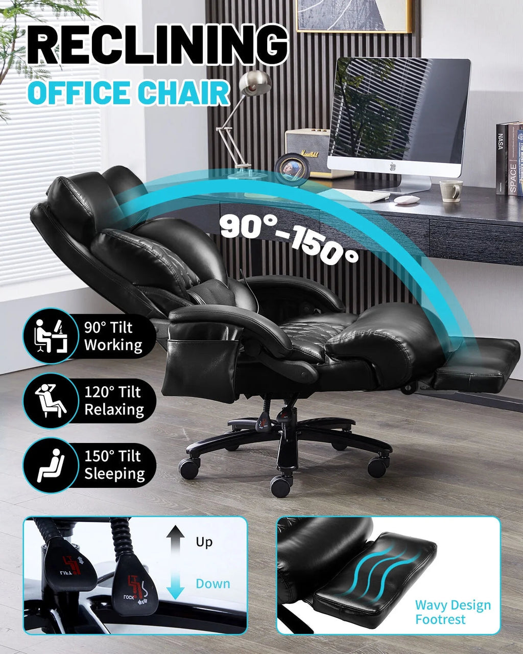Big And Tall Executive Office Chair, 800 Lbs, 8-Node Massage, Heat, PU Leather, Adjustable Footrest