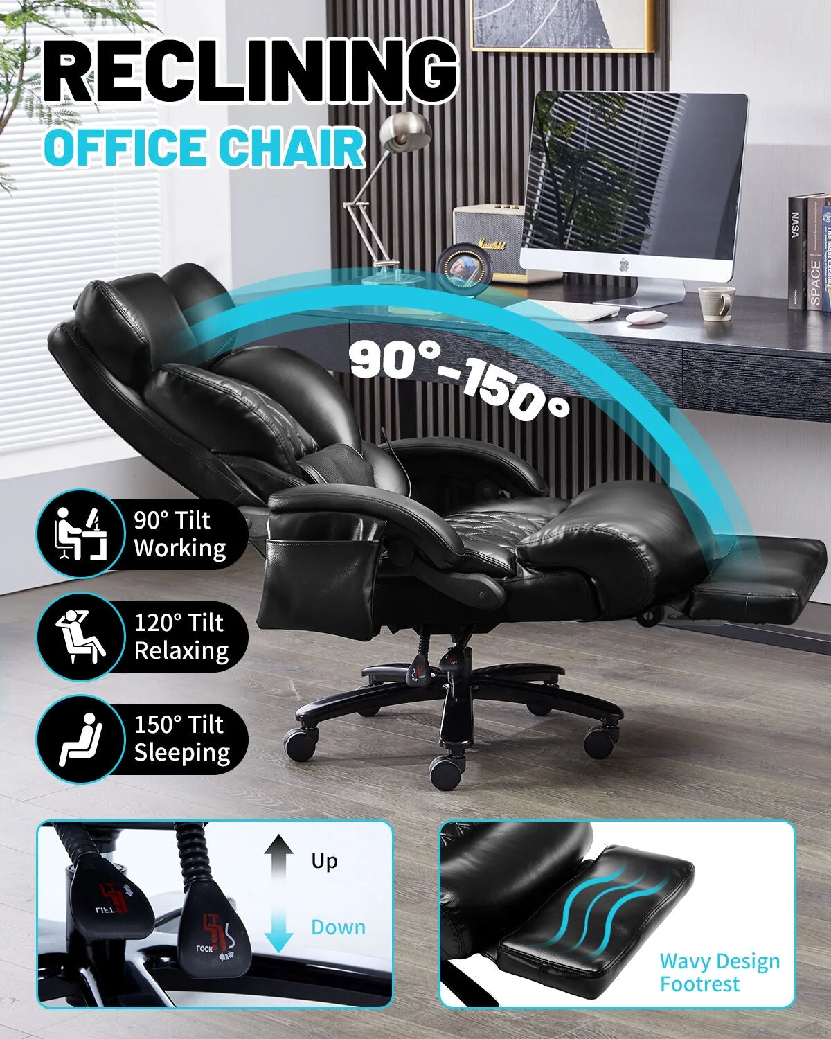Big And Tall Executive Office Chair, 800 Lbs, 8-Node Massage, Heat, PU Leather, Adjustable Footrest