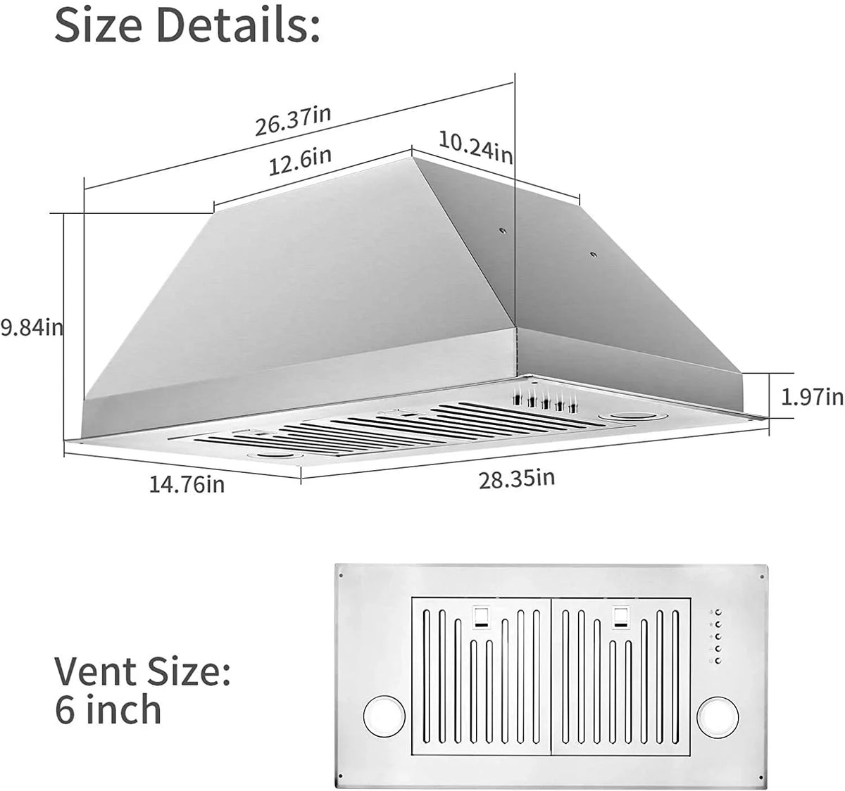 Range Hood 30 inch Built-In Insert Vent Hood, 600 CFM, Stainless Steel
