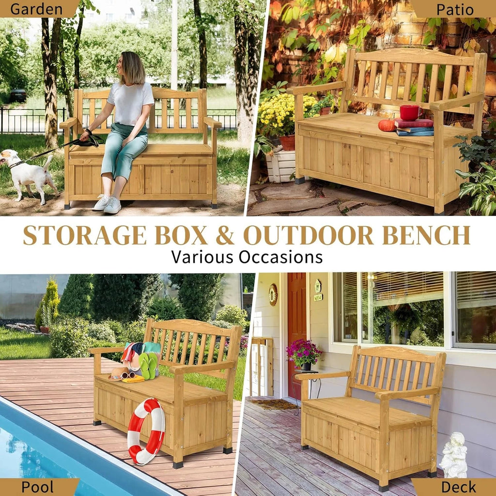 Outvita Outdoor Wood Storage Bench Loveseat With Armrests - 2 Person