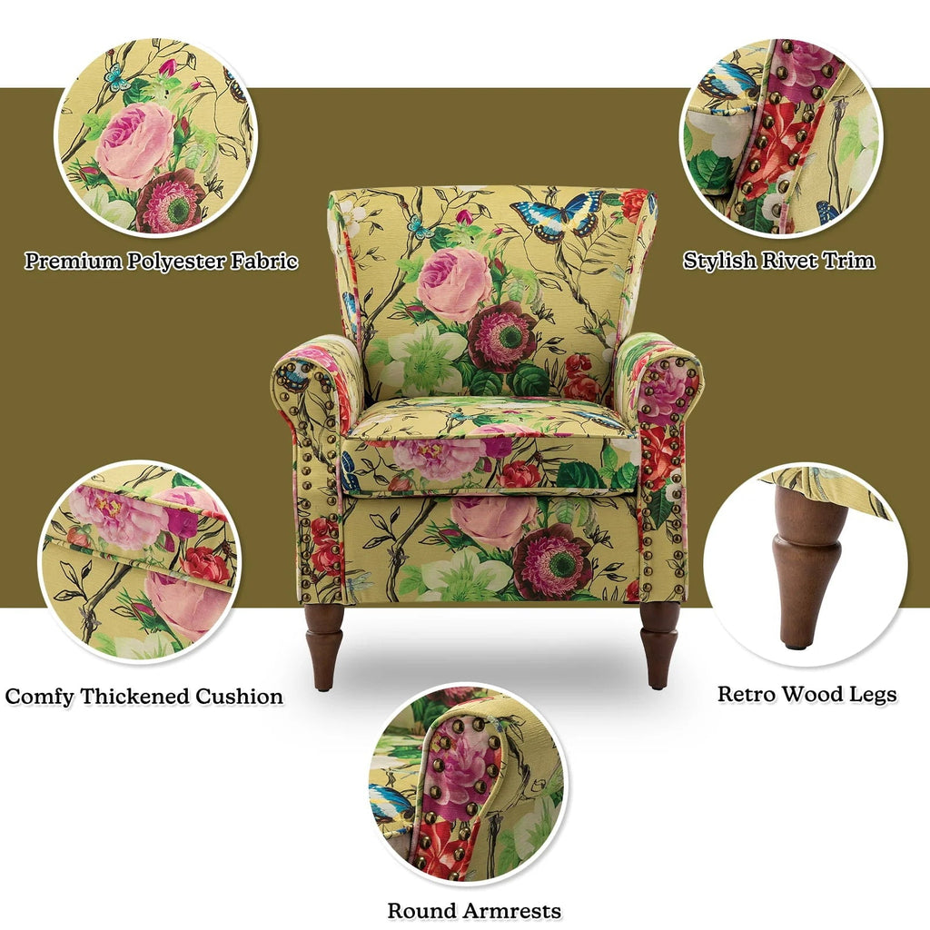 14 Karat Home Wingback Accent Chair, Floral Upholstery, Mustard, 30 x 31 x 32.5 in