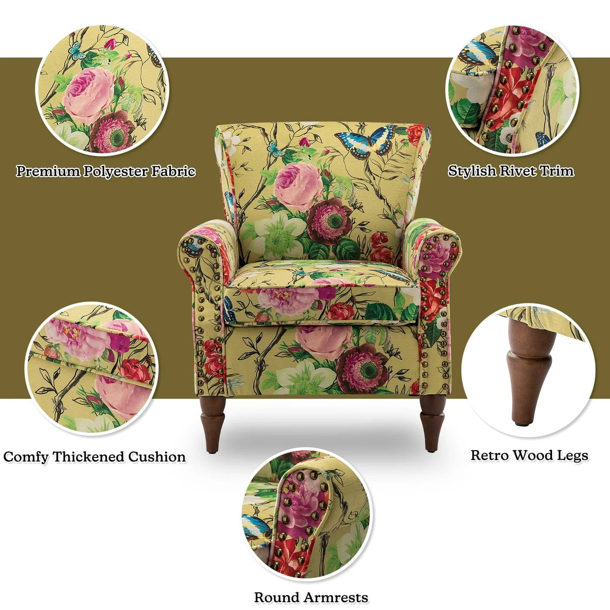 14 Karat Home Wingback Accent Chair, Floral Upholstery, Mustard, 30 x 31 x 32.5 in