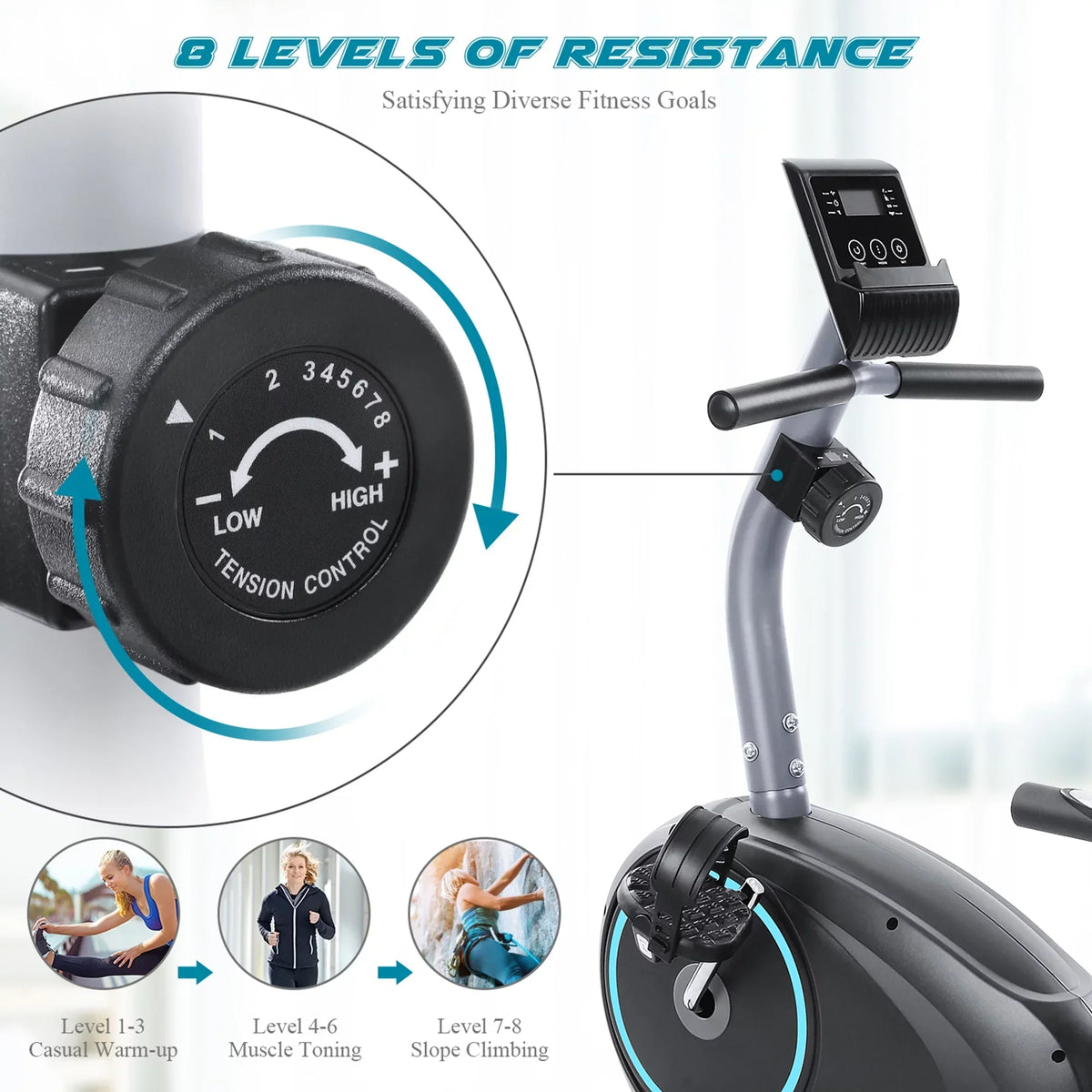 MARNUR Recumbent Exercise Bike With 8 Levels Adjustable Resistance, LCD Monitor, Pad Holder And Wheels