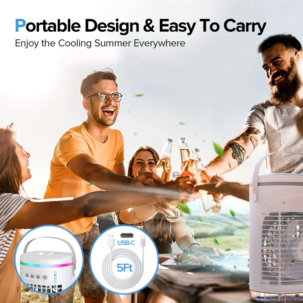Portable Evaporative Cooler, 1400ml, 3 Speeds, USB, Remote, 7 LED Lights