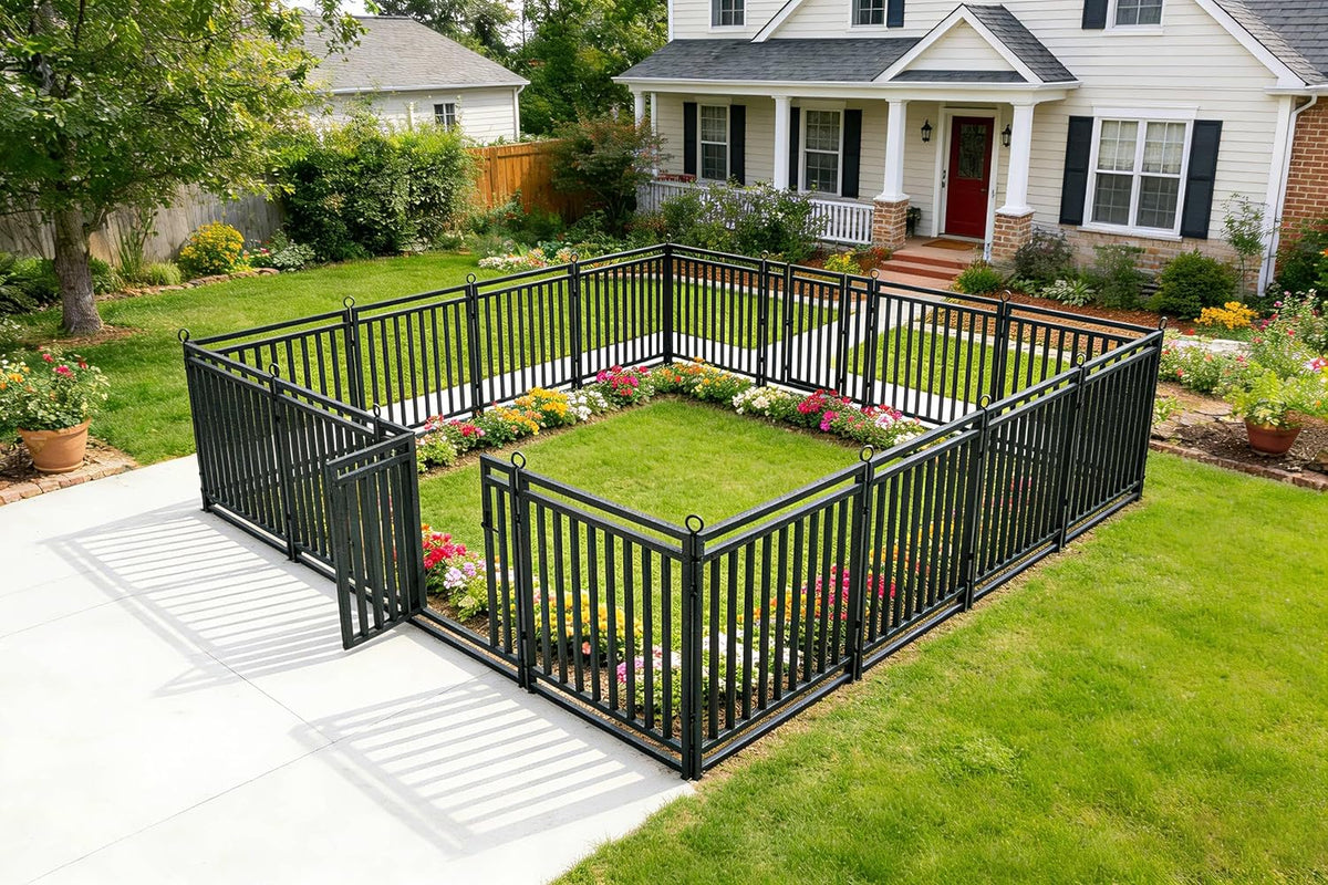 Decorative Metal Garden Fence 92ft L x 40in H, 35 Panels + 5 Gates, Black-Silver