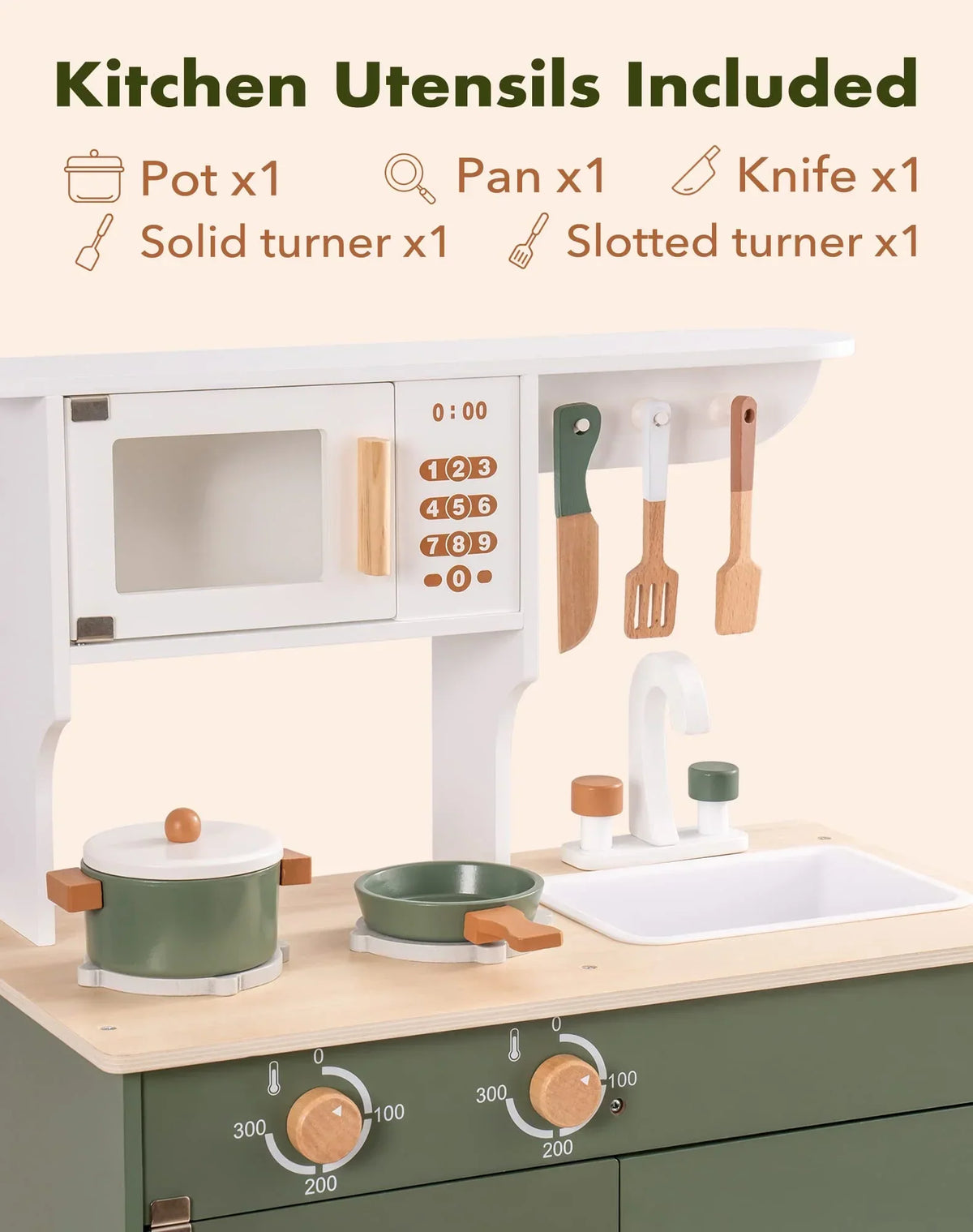 Robud Wooden Kids Kitchen Play Set With Ice Maker, Vintage Green, Ages 3+ - 21.65 x 11.65 x 31.5 in
