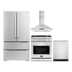 Cosmo 4-Piece Kitchen Appliance Package - 30 in Gas Range, Wall Mount Range Hood, 24 in Built-In Dishwasher, French Door Refrigerator